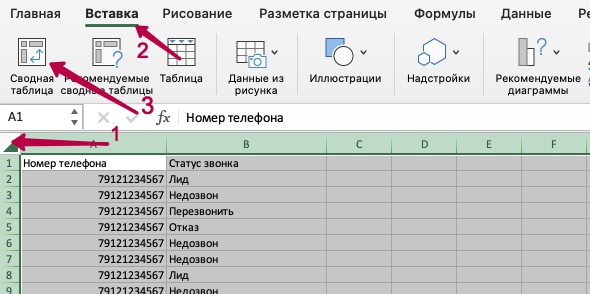 Выбор сводной таблицы