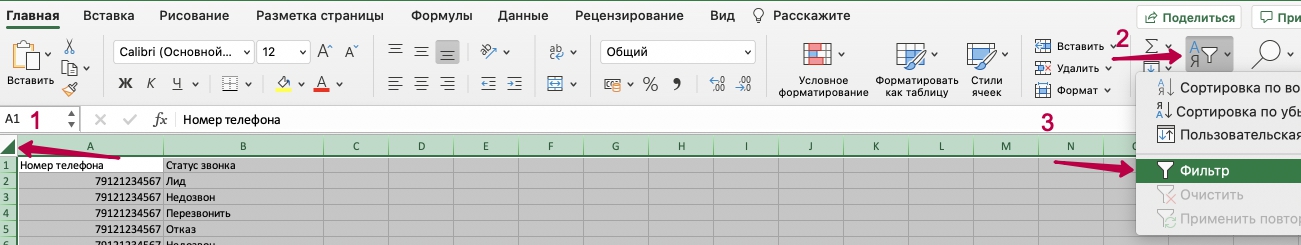 фильтр номеров Эксель